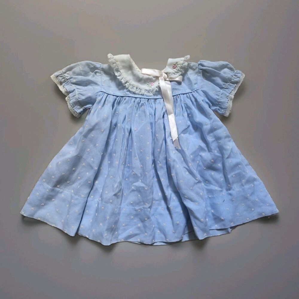 Vintage Nannette Baby Dress Peter Pan Collar Embroidery Pink Buds Newborn Blue